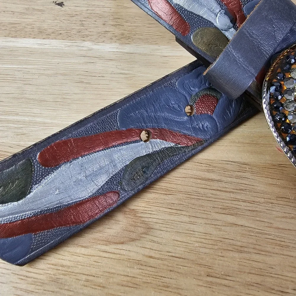 Designer Womens‎ S Floral Tooled Leather Belt Purple Blue Gold Rhinestone Buckle